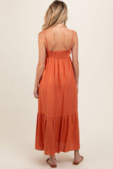 Rust Linen Front Cinch Maternity Midi Dress