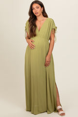 Light Olive V-Neck Drawstring Short Sleeve Side Slit Maternity Maxi Dress