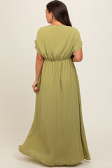 Light Olive V-Neck Drawstring Short Sleeve Side Slit Maternity Maxi Dress