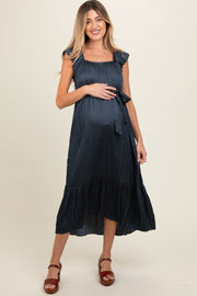 Navy Blue Ruffle Short Sleeve Self Tie Maternity Dress