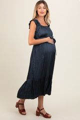 Navy Blue Ruffle Short Sleeve Self Tie Maternity Dress