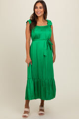 Green Ruffle Short Sleeve Self Tie Maternity Dress