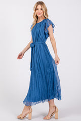 Blue Short Sleeve Crinkle Self Tie Dress