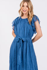 Blue Short Sleeve Crinkle Self Tie Dress