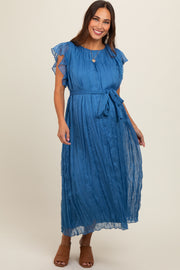 Blue Short Sleeve Crinkle Self Tie Maternity Dress