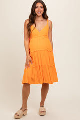 Orange Ruffle Tiered Cutout Back Tie Maternity Dress