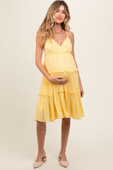 Yellow Ruffle Tiered Cutout Back Tie Maternity Dress