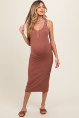 Rust Striped Racerback Henley Maternity Midi Dress