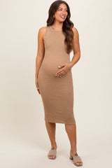 Taupe Sleeveless Sweater Knit Maternity Midi Dress