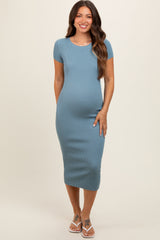 Blue Short Sleeve Rib Knit Maternity Midi Dress