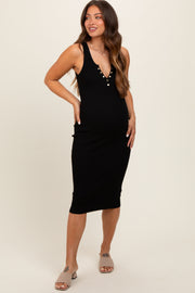 Black Ribbed Fitted Sleeveless Snap Button Maternity Dress