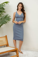 Blue Ribbed Fitted Sleeveless Snap Button Dress