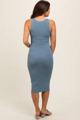 Blue Ribbed Fitted Sleeveless Snap Button Maternity Dress