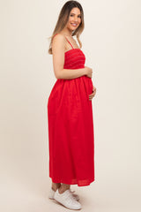 Red Bartlett Striped Smocked Maternity Midi Dress