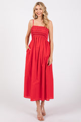 Red Bartlett Striped Smocked Maternity Midi Dress