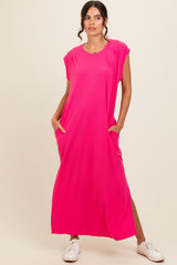 Fuchsia Short Dolman Sleeve Side Slit Maxi Dress