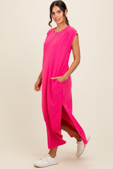 Fuchsia Short Dolman Sleeve Side Slit Maternity Maxi Dress