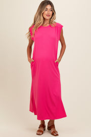 Fuchsia Short Dolman Sleeve Side Slit Maternity Maxi Dress