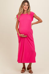 Fuchsia Short Dolman Sleeve Side Slit Maternity Maxi Dress