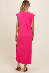 Fuchsia Short Dolman Sleeve Side Slit Maternity Maxi Dress