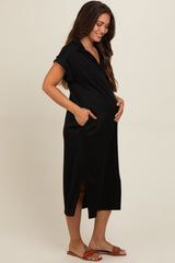 Black Collared Side Slit Maternity Midi Dress