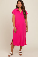 Fuchsia Collared Side Slit Maternity Midi Dress