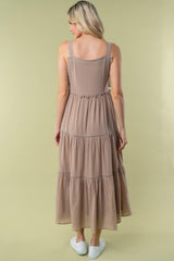 Taupe Front Pocket Tiered Overall Midi Dress