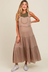 Taupe Front Pocket Tiered Overall Maternity Midi Dress