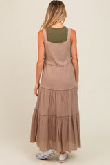 Taupe Front Pocket Tiered Overall Maternity Midi Dress