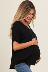 Black V-Neck Pin-Tuck Detail Maternity Top