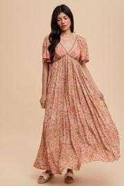 Pink Floral V-Neck Short Flutter Sleeve Maxi Dress