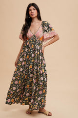 Black Floral V-Neck Short Flutter Sleeve Maternity Maxi Dress