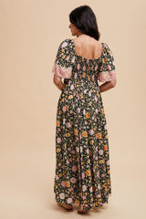 Black Floral V-Neck Short Flutter Sleeve Maxi Dress