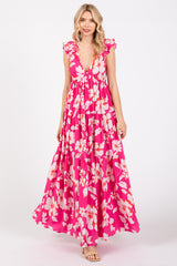 Fuchsia Floral Deep V-Neck Open Back Maxi Dress