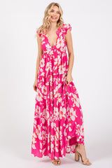 Fuchsia Floral Deep V-Neck Open Back Maxi Dress