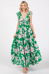 Green Floral Deep V-Neck Open Back Maxi Dress