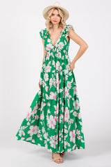 Green Floral Deep V-Neck Open Back Maxi Dress