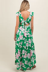 Green Floral Deep V-Neck Open Back Maternity Maxi Dress