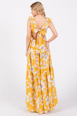 Yellow Floral Deep V-Neck Open Back Maxi Dress