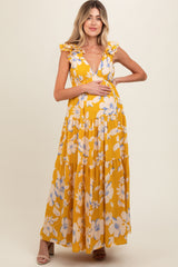 Yellow Floral Deep V-Neck Open Back Maternity Maxi Dress