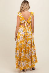 Yellow Floral Deep V-Neck Open Back Maternity Maxi Dress