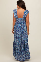 Blue Abstract Floral Ruffle Accent Maternity Maxi Dress