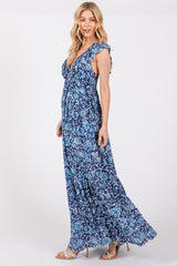 Blue Abstract Floral Ruffle Accent Maxi Dress