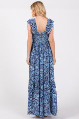 Blue Abstract Floral Ruffle Accent Maxi Dress