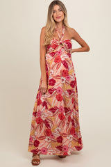 Peach Tropical Print Cutout Halter Neck Maternity Maxi Dress