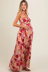 Peach Tropical Print Cutout Halter Neck Maternity Maxi Dress