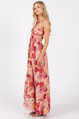 Peach Tropical Print Cutout Halter Neck Maxi Dress