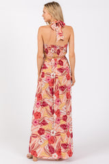 Peach Tropical Print Cutout Halter Neck Maxi Dress