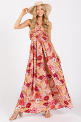 Peach Tropical Print Cutout Halter Neck Maxi Dress