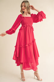 Fuchsia Smocked Ruffle Long Sleeve Midi Dress